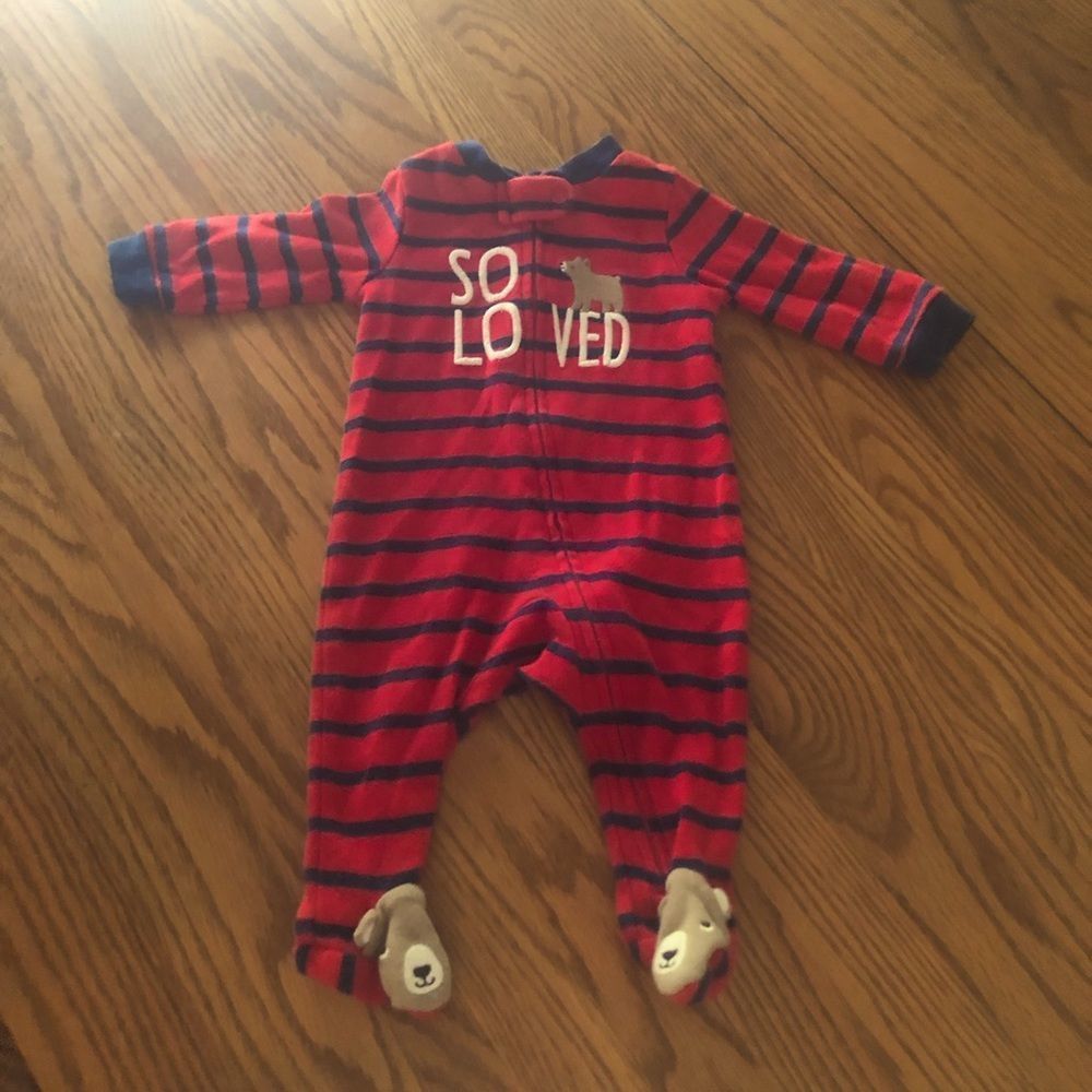 6/$20 Just One You by Carter’s red & navy blue striped So Loved bear footie 3 mo